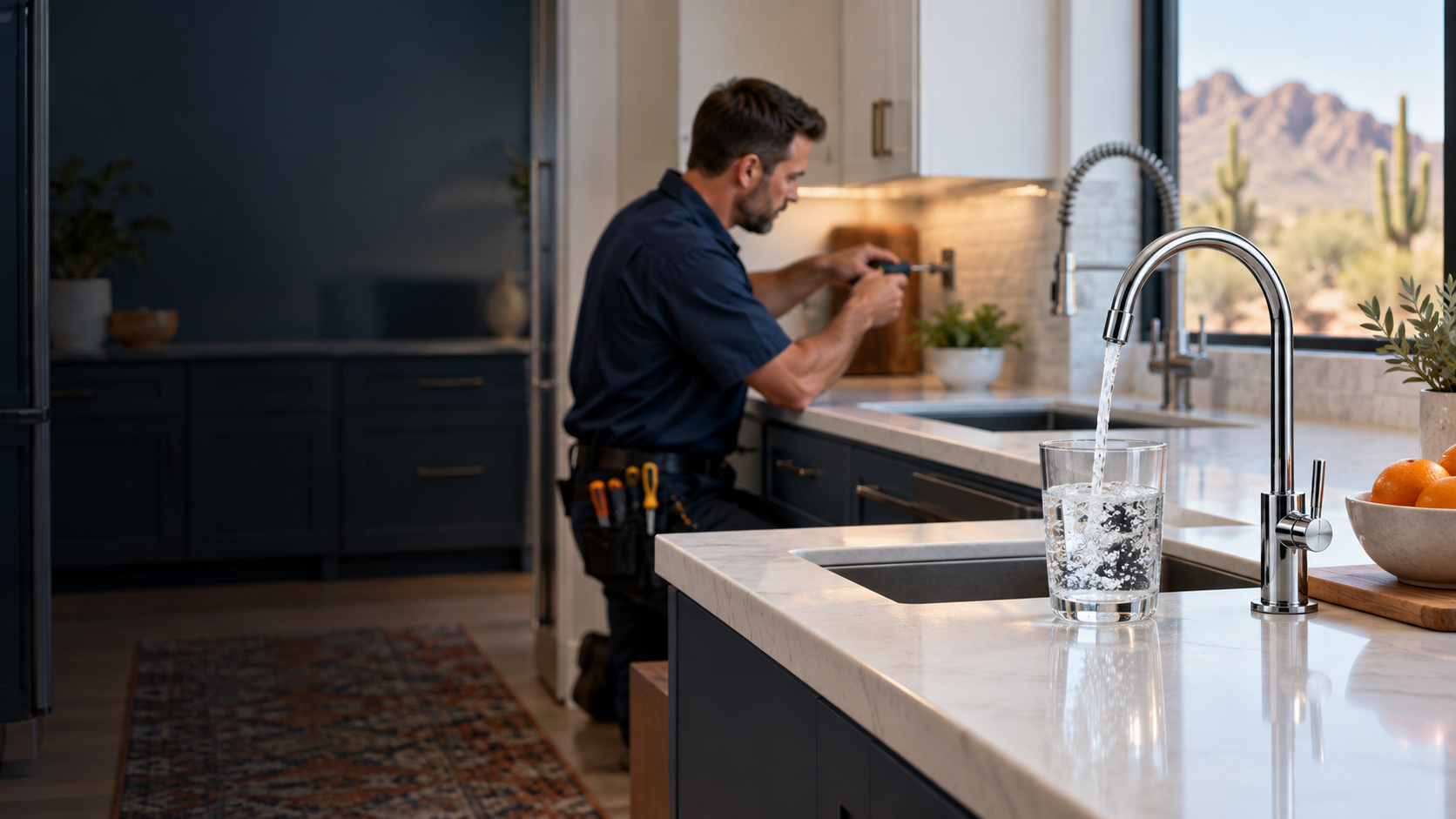 Clean drinking water in a modern Arizona kitchen while a home professional works nearby